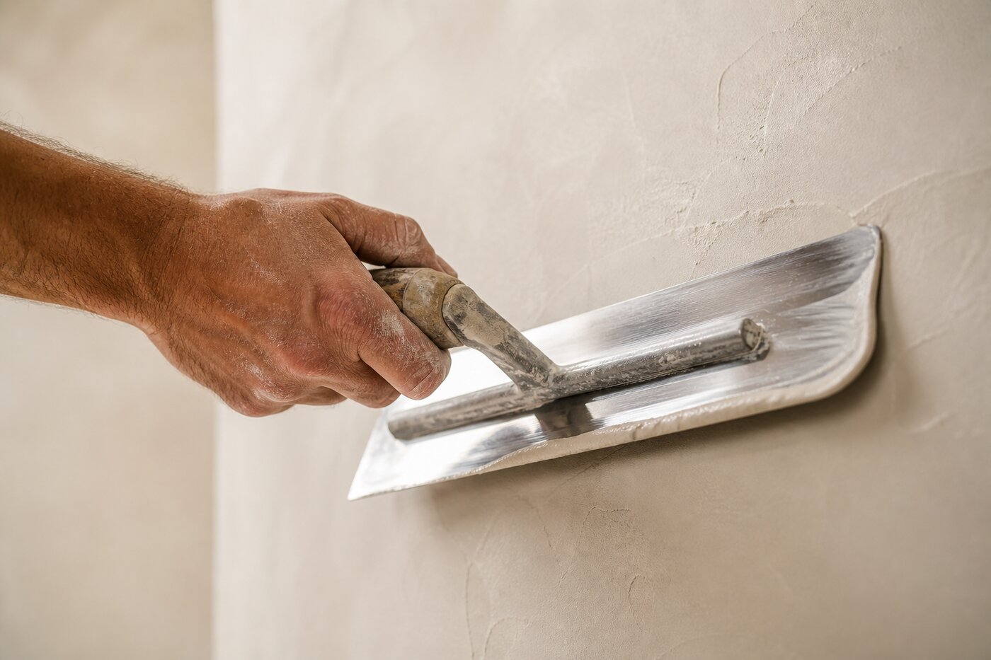 Craftsman hand-trowelling fresh microcement onto a wall